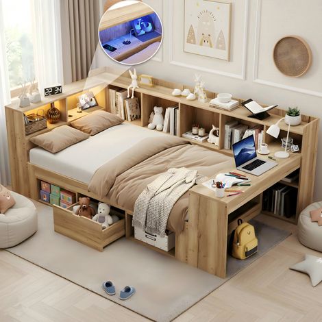 Lit enfant en MDF naturel 90x200 / 140x200 cm avec sommier à lattes, LED, USB-C et bureau (1/5)