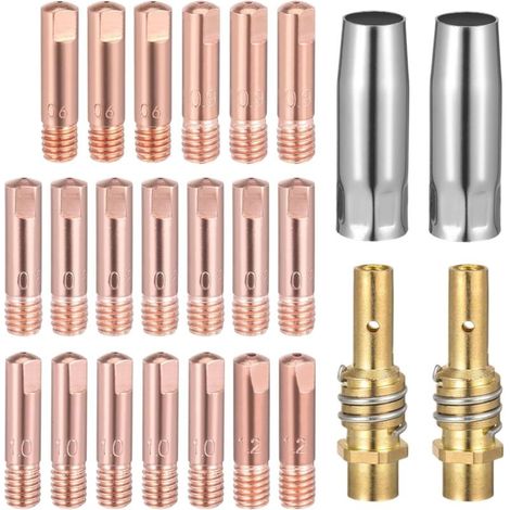 Bardusch Lot de 24 pièces d'accessoires de soudage avec 20 buses d'alimentation M6 0,6 0,8 0,9 1,0 1,2 mm, 5 buses de soudage, 2 porte-buses, 2 isolateurs, 1 clé pour torche de soudage MB15AK (1/5)