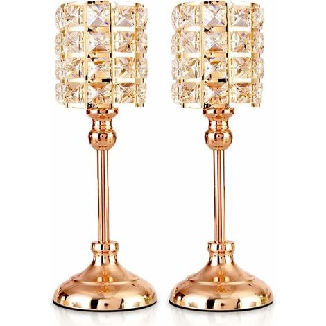 Portavelas de dos piezas hecho de cristal dorado, cilindro de metal, lujosa lámpara de araña, 35,5 cm de alto, adornos para velas para Navidad, sala de estar, decoración de mesa de boda (grande) (1/5)
