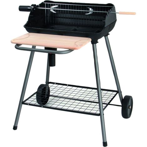 Somagic – Barbecue portable en fonte 55 x 39,5 cm – Chariot à roulettes – Grille acier chromé 51,4 x 37 cm – Cuisson verticale avec tournebroche