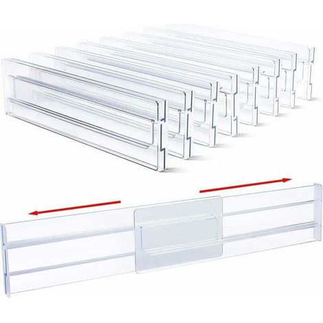 Set di 8 divisori per cassetti regolabili da 31 a 55 cm, divisori in plastica regolabili, organizer per cassetti, organizer per cassetti da ufficio, cucina e cassettiere. (1/5)