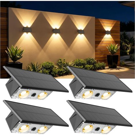 Lampes solaires pour l'extérieur, 4 lampes solaires pour jardin extérieur, appliques murales solaires à 3 modes pour l'extérieur, éclairage solaire pour mur, marches, clôture, porche, terrasse (1/5)