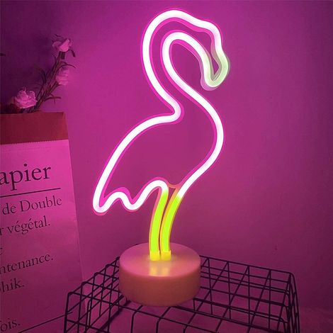 Neon-Leuchtschild mit LED-Sockel zur Wanddekoration, USB- oder batteriebetrieben, Pink + Gelb + Weiß – Flamingo (1/5)