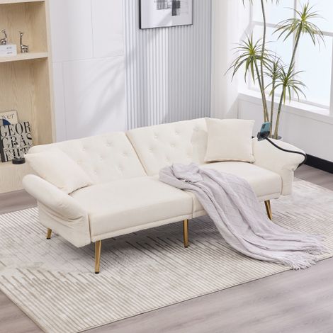 Canapé 2 places convertible clic-clac avec prises de USB et support de téléphone - 173 x 78 x 78 cm - Tissu en chenille et pièds en métal - Beige