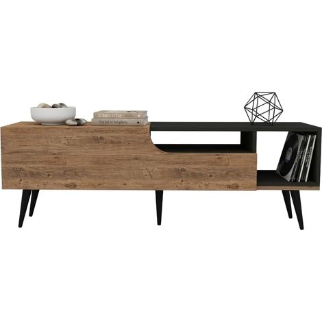 Mueble TV Tinnura, un estante, una puerta, 4 compartimentos, 150x30x50h cm, roble marrón