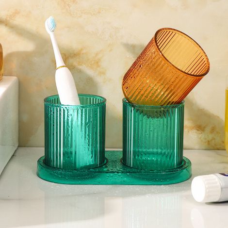 Gobelets à brosses à dents pour couples, transparents, grande capacité, modernes, en PET, pour la salle de bain, vert foncé (1/5)