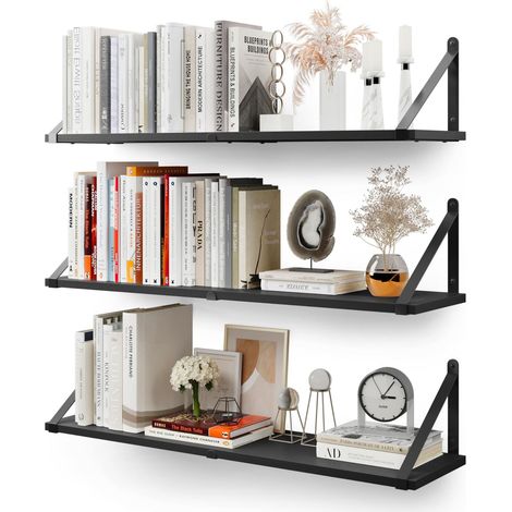 Étagères murales suspendues pour Le Mur, Lot de 3, 80 cm x 20 cm Étagère Bibliothèque pour Chambre à Coucher Salon Bureau Salle de Bain Cuisine Bois Rustique avec Support métallique (Noir) (1/5)