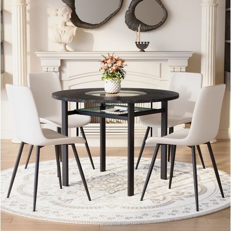 Ensemble table chaises rond 100 cm avec 4 chaises en PU blanc et structure métal HAVRYA (1/5)