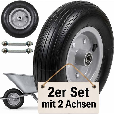 Relaxdays Sackkarrenrad 2er Set, 4.00-6, Vollgummi, Komplettrad Stahlfelge, Achse, Ersatzrad Schubkarre, schwarz/grau
