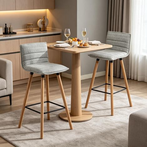 2er-Set Barhocker 48x48x99,5 cm aus Stoff und Holz, hellgrau, mit Rückenlehne (1/5)
