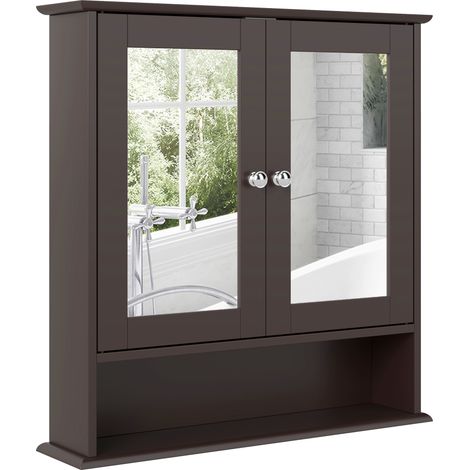 Beyamis Badezimmerschrank mit Spiegel, Wandschrank mit 2 Türen, offenem Fachboden, verstellbarem Einlegeboden, 56 x 13 x 58 cm, dunkelbraun