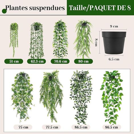 Lot de 8 Plantes Artificielles Lierre à Suspendre Faux Eucalyptus Étagère Murale Boho Intérieur Extérieur Pots Noirs (1/2)