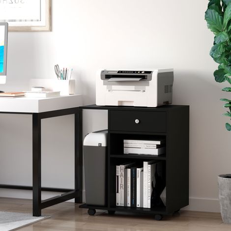 Soporte de madera negra para impresora con 1 cajón, 2 estantes y estante para CPU, para oficina, 60x40x68,5 cm. (1/5)