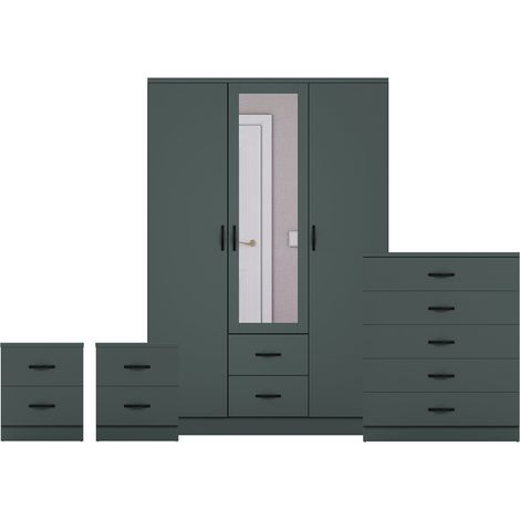 Riano 4 Piece Bedroom Set (2 Drw Bedside Chest, 4 Drw Chest, 3 Dr 2 Drw Mirrored Wardrobe), Green (1/3)