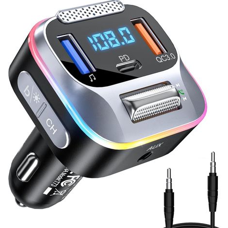 T73 Auto-Bluetooth-MP3-FM-Transmitter, kabellos, Bluetooth-Schnellladefunktion (QC3.0 PD), siebenfarbige Ambientebeleuchtung – Schwarz