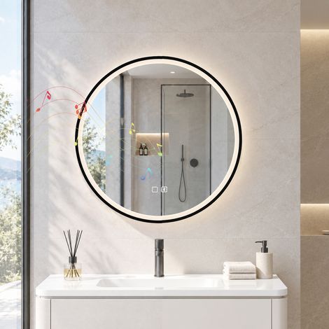 HOMCOM LED Bathroom Mirror, 60cm Round Bathroom Mirror, Dimmable, Black (1/5)