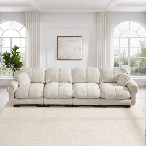 Sofá modular de 4 plazas (330x86x90 cm), asiento acolchado, respaldo curvado, tejido chenilla, caqui claro (1/5)