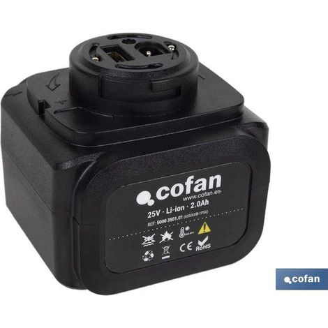 COFAN batería recargable 25v 2.0ah tijeras de podar , Batería recargable de litio Li-ion de 25 voltios y 2.0 Ah adecuada para la tijera de poda a batería Cofan (referencia 50003501
