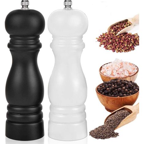 Ensemble de moulins à sel et à poivre réglables, 2 moulins en bois avec noyau en céramique pour épices et assaisonnements, moulins manuels rechargeables avec réglage de la mouture, 20 cm, noir et blan