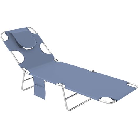 Gartenliege, Liege mit gepolsterter Kopfstütze, Massageliege für den Außenbereich, Seitentasche, Stoff, Metall, grau