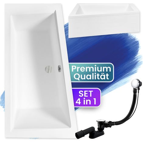 Badewanne Eckbadewanne 180x125 Links mit AcrylSchürze, Ablaufgarnitur & Füßen GRATIS - Komplettset 4in1 Original Acryl Wanne Siphon - BADLAND INTIMA
