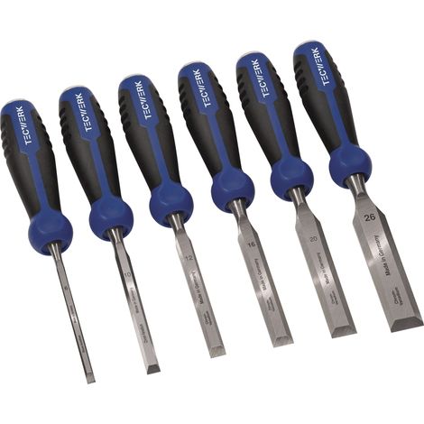 Juego de formones 6,10,12,16,20,26mm mango bimaterial con botón de golpeo 6 piezas en blíster TECWERK (1/2)