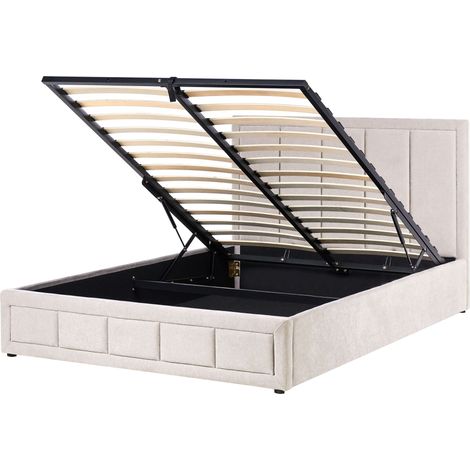 Ottoman Bed Taupe Chenille Upholstery EU King Size 5ft3 Headboard Lift-Up Slatted Base Quilted Design Minimalist QUIBERON (1/5)