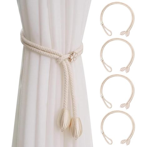 Embrasses Rideau 4Pcs Coton Attache Rideau 50CM Réglables Embrasse pour Rideaux Boucle de Fleur Embrase de Rideaux Bohème Rideauxs Sangles pour Maison Chambre Bureau Bouquet, Beige (Flower) (1/5)