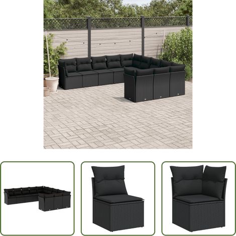 Gartenmöbel - 11-tlg. Garten-Sofagarnitur mit Kissen Schwarz Poly Rattan (1/5)