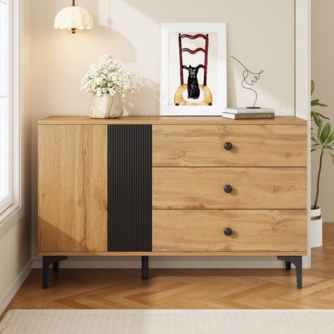 Credenza bassa da soggiorno 120x35x76 cm, mobile contenitore salvaspazio per ingresso cucina e corridoio, con 1 anta e 3 cassetti, Nero e Naturale (1/5)