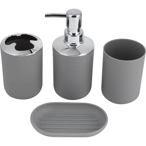 Ensemble de 4 accessoires de salle de bain : flacon de lotion en plastique, gobelet de rangement, gobelet de rinçage, porte-savon (gris) (1/5)