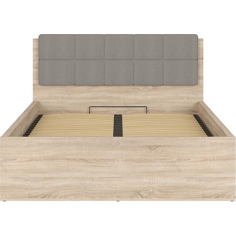Lit adule 140x200 avec tête de lit capitonnée beige,sommier et rangement, coloris chêne Sonoma - Longueur 204,5 x Profondeur 149 x Hauteur 95/40,5 cm (1/5)