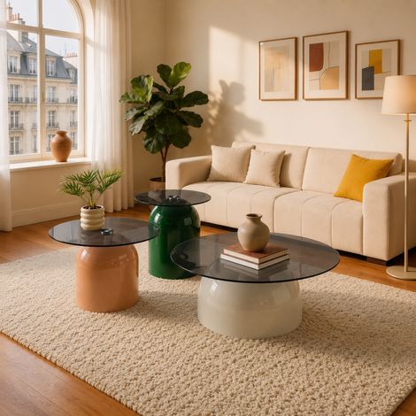 Lot de 3 tables rondes forme cloche plateau verre trempé, socle acier carbone laqué brillant, tables gigognes multifonction vert émeraude, café au lait, gris clair pour salon chambre bureau (1/5)