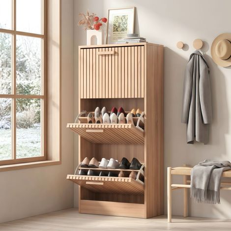 Zapatero 60 cm, pelgabel, diseño de tres estantes, tiradores de madera maciza, structure en bois, ideal para pasillos y entradas,Color Madera