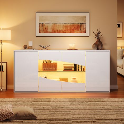 Buffet bas 160 x 35 x 70 cm avec éclairage LED RGB, blanc brillant, 4 portes dont 2 en verre, 6 espaces de rangement, pour salon et salle à manger. (1/5)