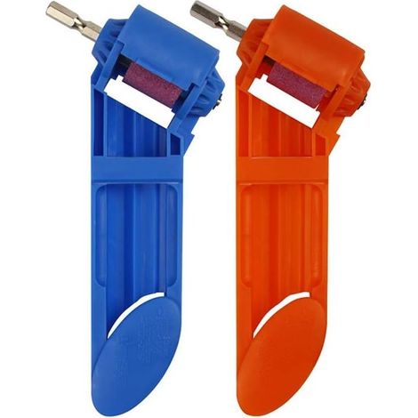 Affûteur de forets en 2 parties, affûteur de forets en corindon, outil d'affûtage portable, fabriqué en plastique ABS de haute qualité et meule en corindon brun, haute dureté (bleu, orange) (1/5)