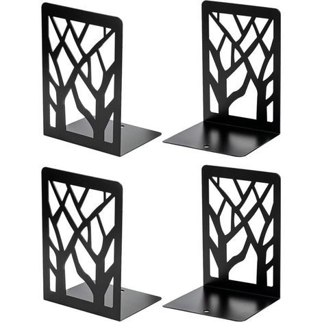 Fermalibri in metallo robusto, a forma di albero, per libri e CD, decorativi per la casa, 12 x 9 x 17,5 cm, neri, 2 paia/4 pezzi (1/4)