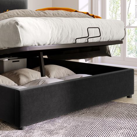 Lit double hydraulique 140x200, tête relevable, sommier métallique à lattes, velours capitonné, cadre moderne avec coffre de rangement spacieux, noir, matelas inclus (1/5)