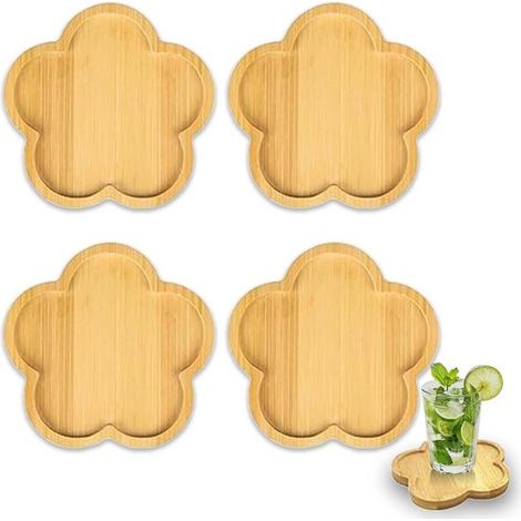 Set mit 4 blütenförmigen Bambusuntersetzern 14 cm Naturbambus mit erhöhtem Rand hitze und feuchtigkeitsbeständig für Gläser Tassen und als (1/5)