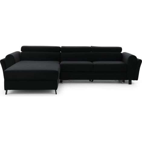 Canapé d’angle convertible MAZALI velours - Appuis-tête réglables et rangement-Noir-Méridienne A gauche (1/5)