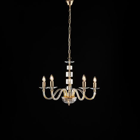 Franz Lampadario in oro con vetro trasparente e strass 5 luci 110 Ø60 BL275-5-OR