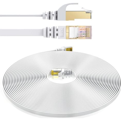 Elfcam® - Cat7 Cable Reseau Ethernet avec Connecteurs RJ45,Cable Plat, 4 Paires Torsadee Blindee, Haut De(0.25m, Blanc) (1/5)