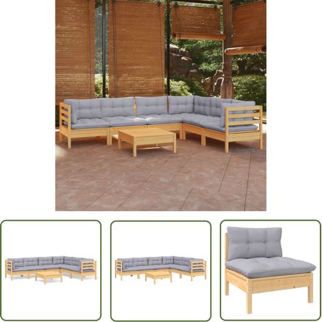 The Living Store 7-tlg. Garten-Lounge-Set mit Grauen Kissen Kiefer Massivholz - Garten Lounge Set - Kiefernholzmöbel - Outdoor Möbel - Gartentisch - Gartenstuhl (1/5)