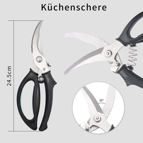 Scharfe Geflügelschere aus Edelstahl mit Verriegelungsgriff, rutschfestem Kunststoffgriff und Feder, auch für Fisch, Gemüse und Grillgut geeignet. (1/5)
