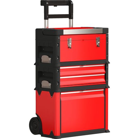 Carrello da officina modulare impilabile 52 x 32 x 72 cm organizzazione 3 livelli ruote grandi industriale in acciaio rosso 210006986