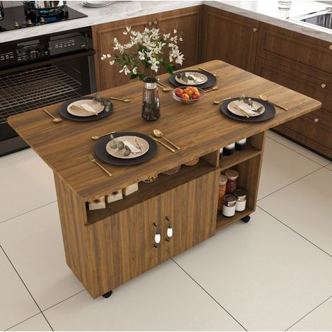 Tavolo pieghevole mobile 110x70 cm 3-in-1 con contenitore e 5 ruote, per cucina, MDF effetto - noce (1/5)