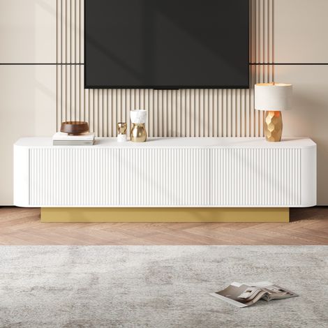Meuble TV moderne avec espace de rangement, design arrondi avec façade texturée, gestion des câbles, console multimédia pour salon, 170 x 40 x 47 cm, Blanc