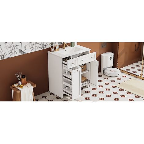 Meuble vasque blanc à poser en MDF avec lavabo en céramique, 3 tiroirs et 1 placard, pour salle de bains et toilettes (1/5)
