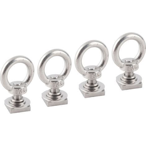 Lot de 4 anneaux d'ancrage M8 robustes en acier inoxydable pour fixation sur rail en T, avec crochets argentés, pour sandows et cordes. (1/5)