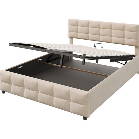 CAIziLit rembourré 180x200 hydraulique, sommier lattes, velours beige (1/5)